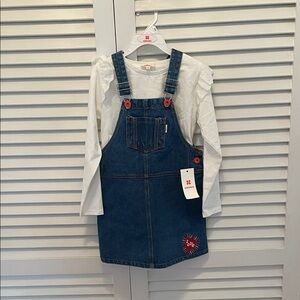 NWT Catimini Denim Overall Dress with Red Buttons/white top size 5